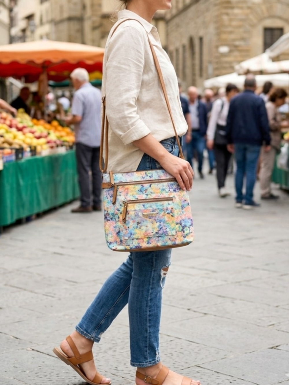 Rossetti Watercolor Floral Crossbody Bag with Tan Trim